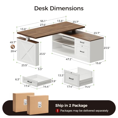 55 Inch Farmhouse L Shaped Electric Standing Desk, Walnut+White