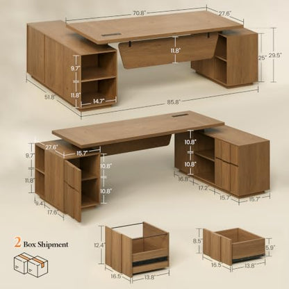 85.8" Large Executive Desk with Power Outlet, Ample Storage