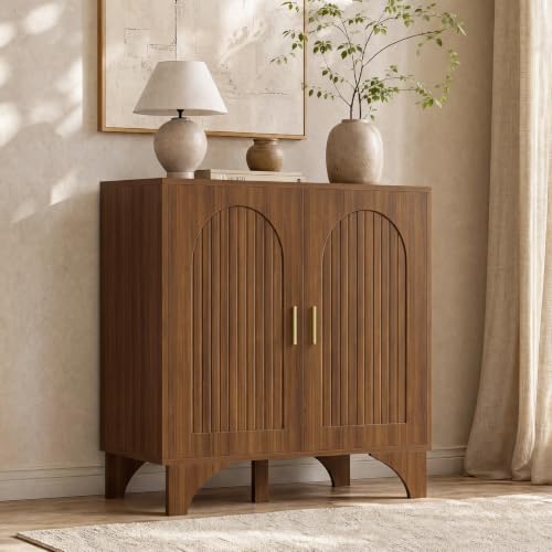 Mid Century Modern Buffet Cabinet Arched Doors Walnut Storage Sideboard