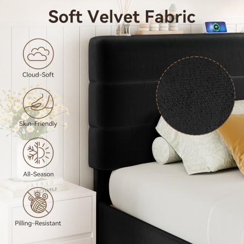 Queen Size Platform Bed Frame with Velvet Upholstered Headboard
