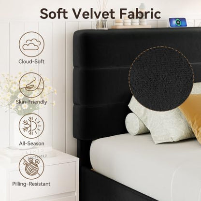 Queen Size Platform Bed Frame with Velvet Upholstered Headboard