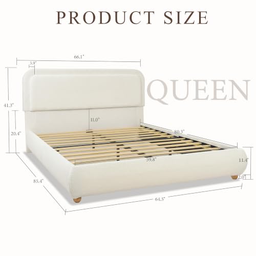 Cloud Queen Bed Frame with Headboard, Solid Wood Legs, Beige