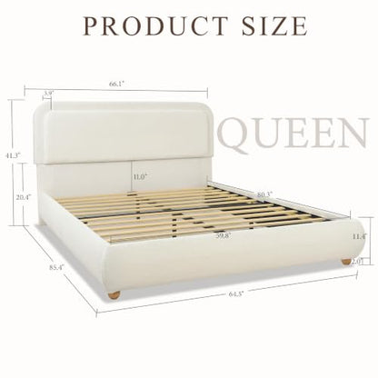 Cloud Queen Bed Frame with Headboard, Solid Wood Legs, Beige