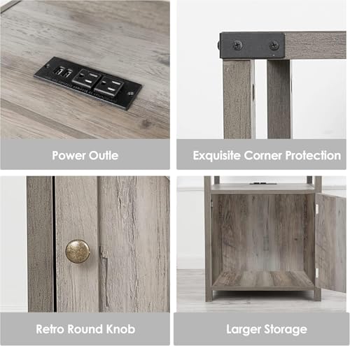 Farmhouse Nightstand Set of 2 with Storage, Rustic End Table, Grey