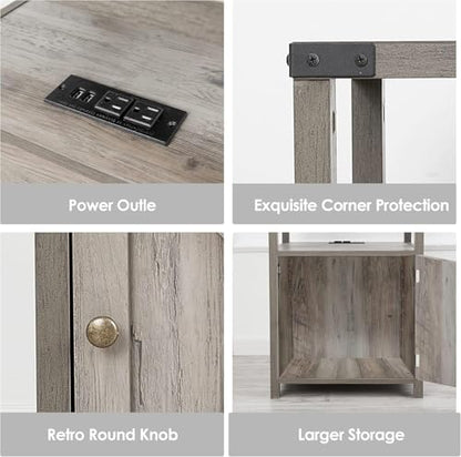 Farmhouse Nightstand Set of 2 with Storage, Rustic End Table, Grey