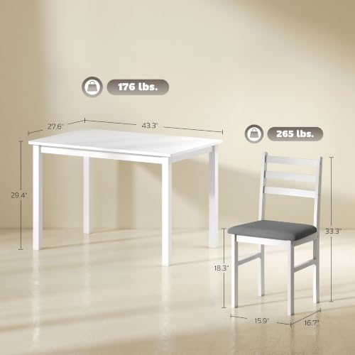 5-Piece Dining Table Set for 4, Solid Rubber Wood Legs, White