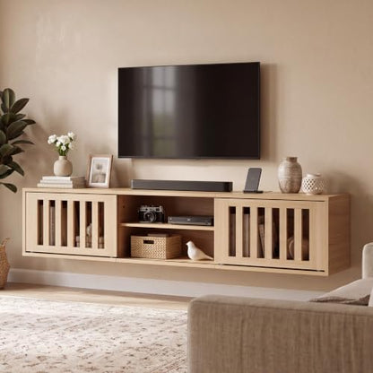 58" Floating TV Stand Wall Mounted with Power Outlet, Natural