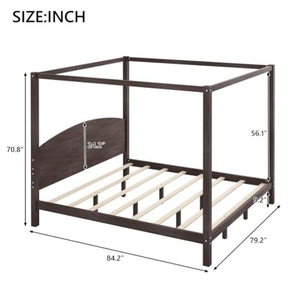 Wood King Size Canopy Bed Frame with Headboard and Storage, Brown