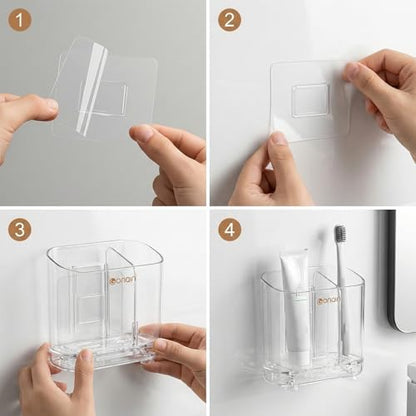 Acrylic Electric Toothbrush Holder with Detachable Base, 2 Slots Wall-Mounted Bathroom Storage Caddy, Clear Makeup Brush Organizer with Removable Divider for Toothpaste, Razors, Kitchen & Office Desk