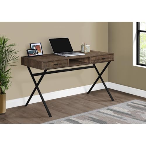 Hassyee Multi-use Rustic Computer Desk with X-Design Metal Base, Small Study Workstation with 2 Large Storage Drawers and 1 Open Concept Shelf, Easy Maintainable