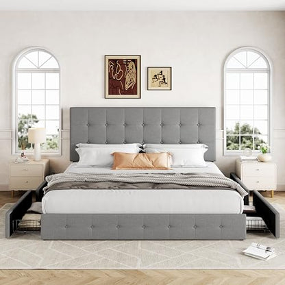 King Size Storage Bed Frame with 4 Underbed Drawers, Upholstered Platform Bed with Adjustable Headboard, Square Button Tufted, Easy Assembly, Noise-Free, No Box Spring Needed, Light Grey