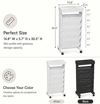 6-Tier Rolling Bookshelf Magazine Rack with Wheels White
