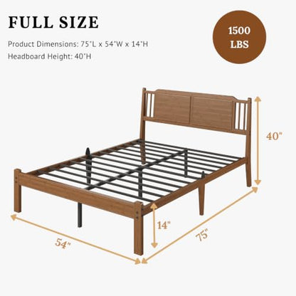 Bamboo Full Bed Frame with Farmhouse Headboard, Warm Brown Color
