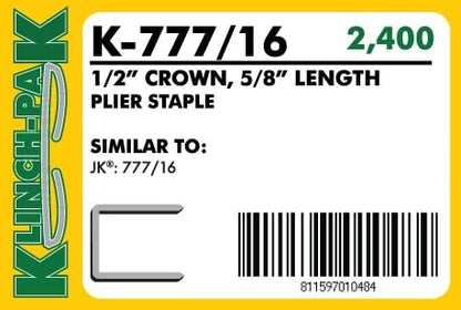 Klinch-Pak K-777/16, 5/8" Leg x 1/2" Wide Crown Heavy-Duty Galvanized Plier Staples, 2400 Per Package, Similar to JK777 Staples, for stapling Trays, Lids, Bags, Header Cards, Fastening End Caps