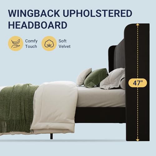 King Size Velvet Platform Bed Frame, Tall Wingback Headboard, Black