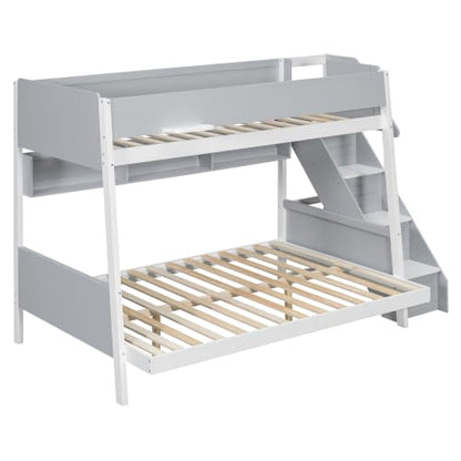 JIVOIT Twin Over Full Bunk Bed with Striped-Design Staircase, Side Shelves