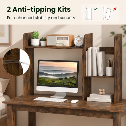 Extendable Desktop Bookshelf, Dorm Desk Hutch (Rustic Brown)