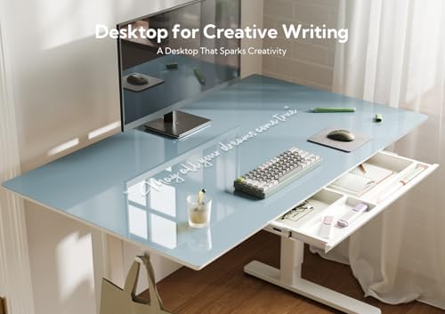 INNOVAR Glass Standing Desk with Drawers 55×24 Inch Morandi Blue