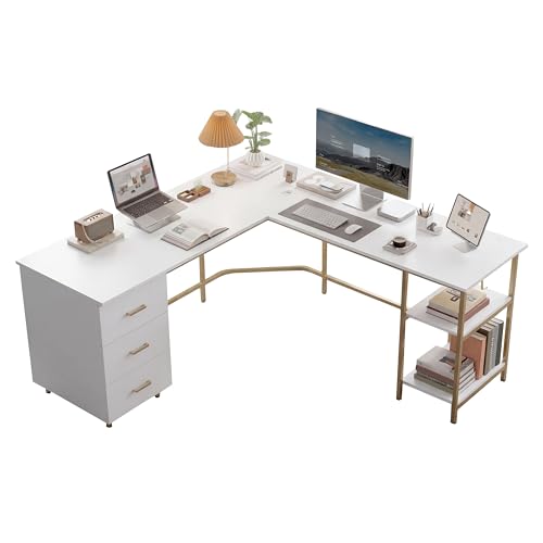 59" Two-Tone L‑Shaped Office Desk with Storage Shelves, Gold