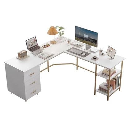 59" Two-Tone L‑Shaped Office Desk with Storage Shelves, Gold