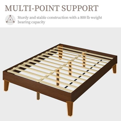 Queen Size Solid Wood Platform Bed Frame Low-Profile Dark Walnut