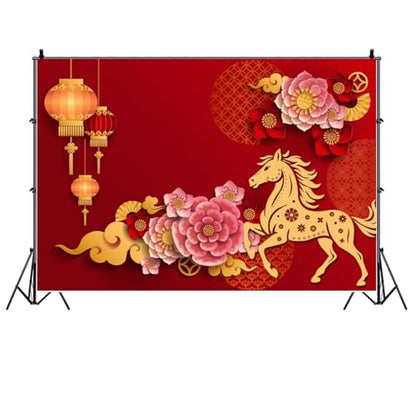 AOFOTO 5x3ft Happy Chinese New Year Backdrop China Spring Festival Lunar Year of The Horse Decoration Banner Paper Cut Flowers CNY Lanterns 2026 Background Party Supplies Photoshoot Studio Props - size: 5x3ft