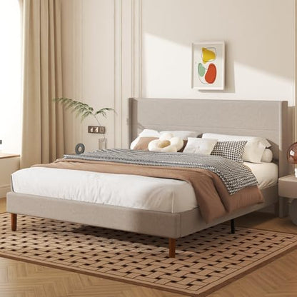 King Size Linen Platform Bed Frame with Wingback Upholstered Headboard