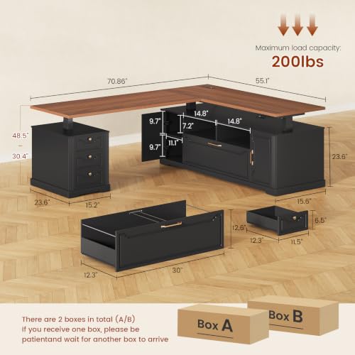 70.9" x 55" L Shaped Standing Desk with 4 Drawers, Electric Executive Desk