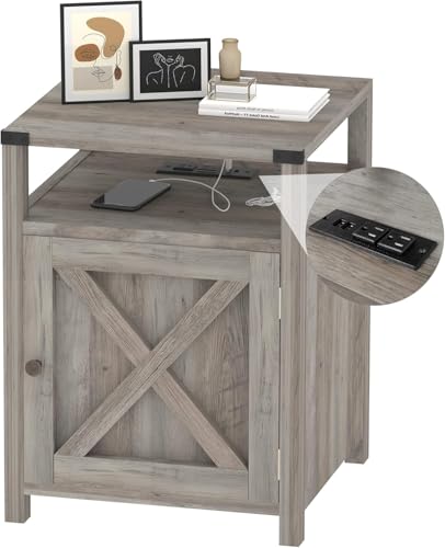 Farmhouse Nightstand Set of 2 with Storage, Rustic End Table, Grey