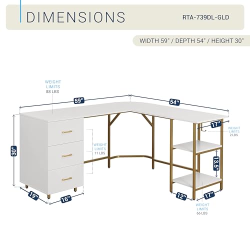 59" Two-Tone L‑Shaped Office Desk with Storage Shelves, Gold