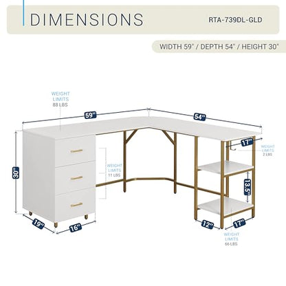 59" Two-Tone L‑Shaped Office Desk with Storage Shelves, Gold