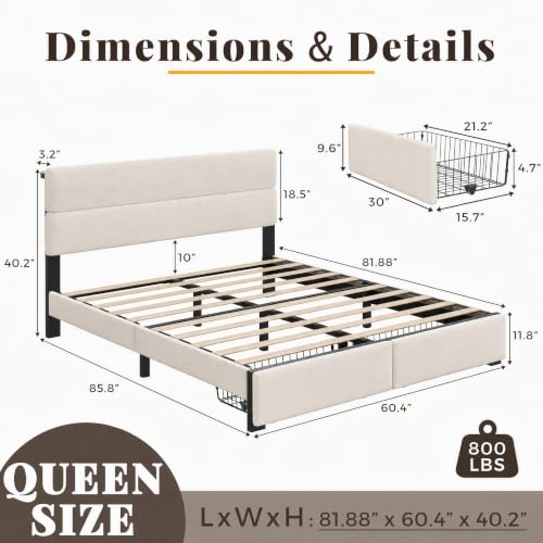 Queen Bed Frame with 2 Storage Drawers, Light Beige Velvet Upholstered