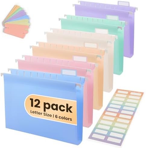 Plastic Hanging File Folders for Letter Size with 1/5 Tabs, Sturdy & Tear-Resistant, 12 Pack Pastel Expandable Hanging File Folders for Filing Cabinet Organizer, Home & Office