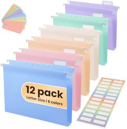 Plastic Hanging File Folders for Letter Size with 1/5 Tabs, Sturdy & Tear-Resistant, 12 Pack Pastel Expandable Hanging File Folders for Filing Cabinet Organizer, Home & Office