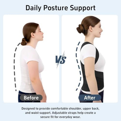 Posture Corrector for Women and Men, Adjustable Back Brace with Shoulder Support and Lumbar Support Belt, Full Back Support Posture Trainer for Spine Alignment, Upper Back, Neck, Shoulder, Lower Back Support, Slouching and Hunchback (Black, Large)