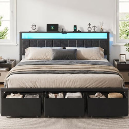 King Size Bed Frame with Upholstered Headboard and 3 Storage Drawers
