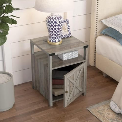 Farmhouse Nightstand Set of 2 with Storage, Rustic End Table, Grey