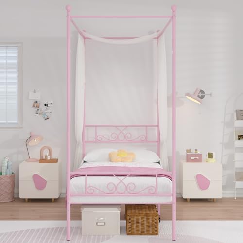 Twin Canopy Bed Frame with Headboard, Metal Twin Beds for Kids, Pink