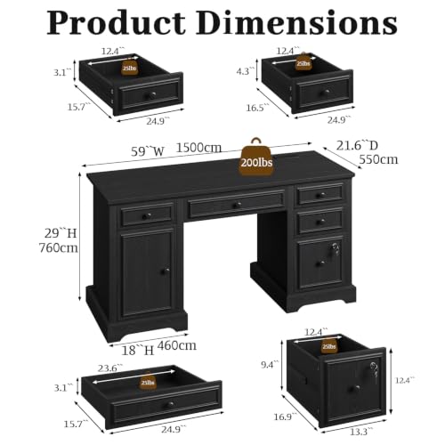 59" Farmhouse Executive Desk with Drawers Cabinet Power Outlet