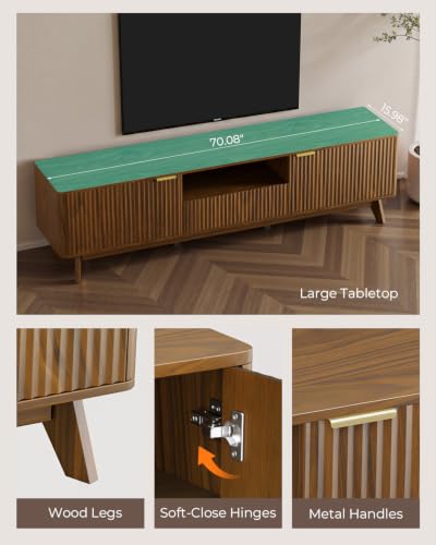 70 Inch Fluted TV Stand with Storage for Living Room, Walnut