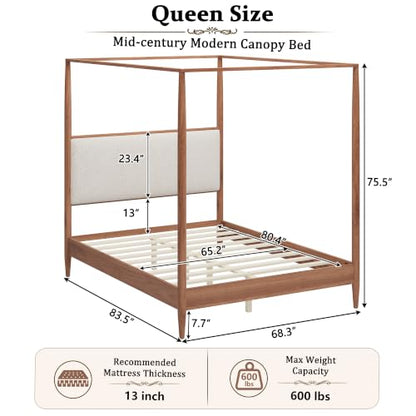 Queen Size Wood Canopy Bed with Upholstered Headboard, Walnut