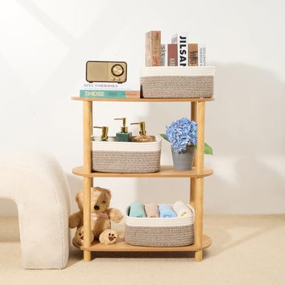 MiniArk Small Storage Baskets for Organizing | Closet Organizer Bins | Shelf Toy Basket | Woven Rope Baskets | Cube Decorative Box | Shallow Basket | 13x8.5x5.1” | 4 Packs White Brown