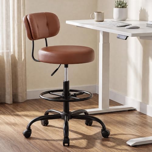 Homkdom Brown Drafting Chair, PU Leather, Dual-Layer Back, Workshop Chair