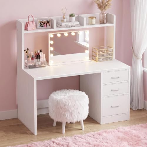 Wood Desk with Hutch and 3 Drawers， White