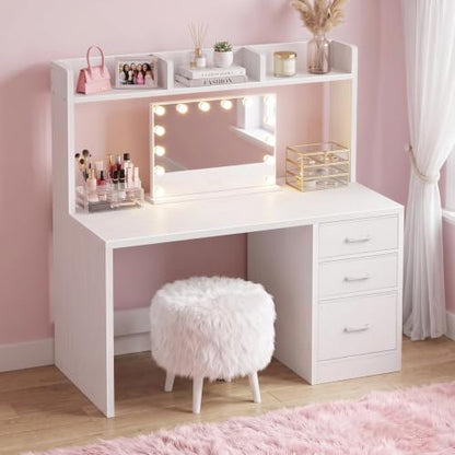 Wood Desk with Hutch and 3 Drawers， White
