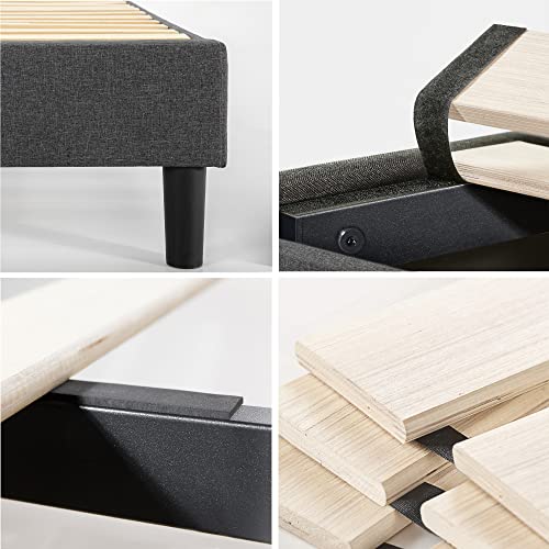 Curtis Upholstered Platform Bed Frame, Mattress Foundation, Wood Slat Support, No Box Spring Needed, Easy Assembly, Grey, Queen