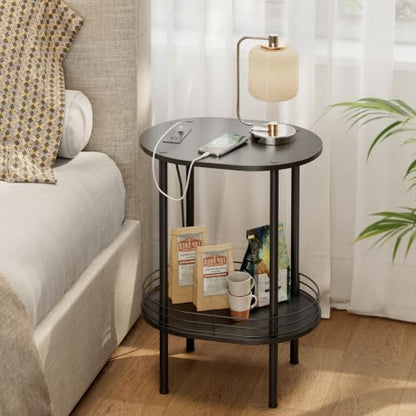 Small Oval Side Table with Charging Station, 2-Tier Black Round End Table