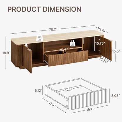 70" Mid-Century Modern Fluted TV Stand, 2 Drawer, Cabinet, Walnut