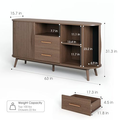 Walnut Sideboard Buffet Cabinet with Storage for Dining Room，63"