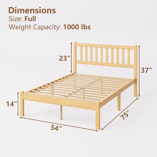 14 Inch Bamboo Wood Full Platform Bed Frame with Headboard